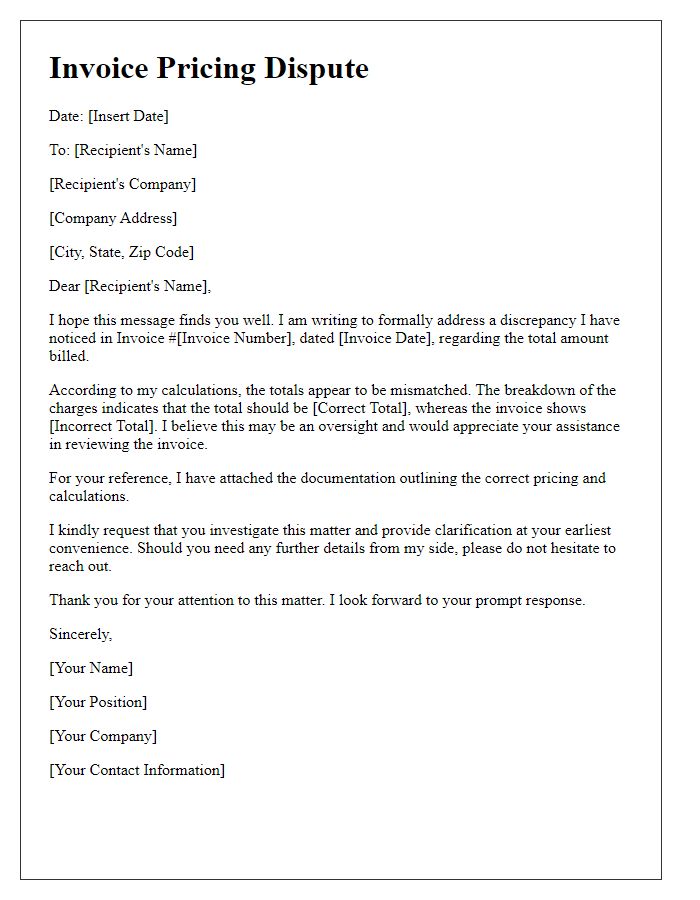 Letter template of invoice pricing dispute for mismatched totals.