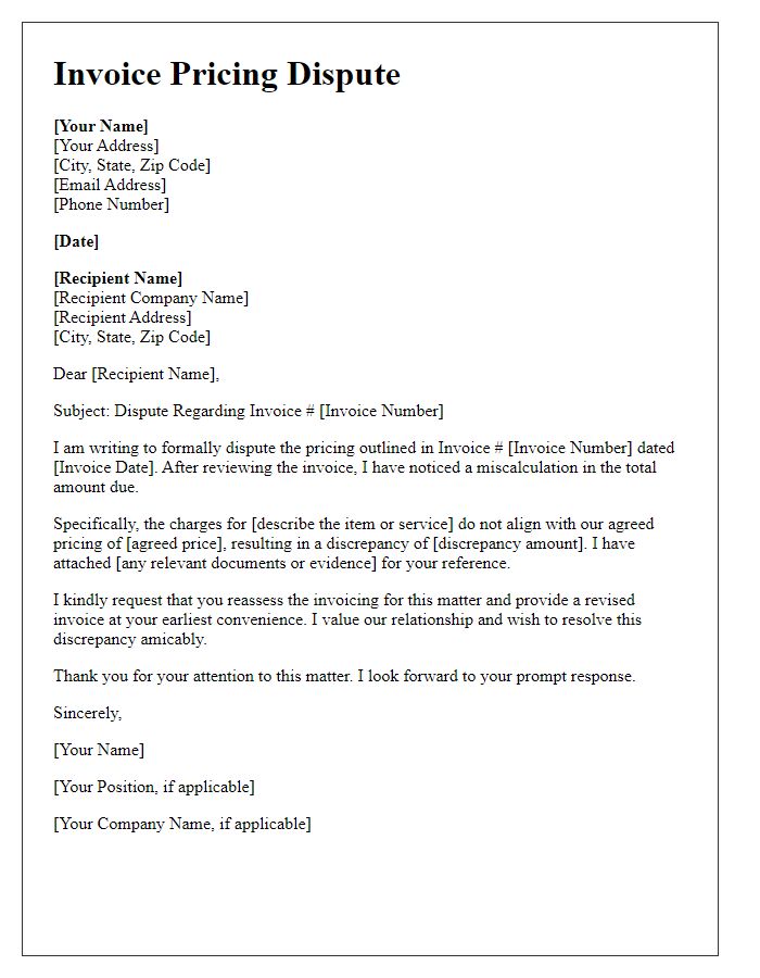 Letter template of invoice pricing dispute regarding miscalculation.