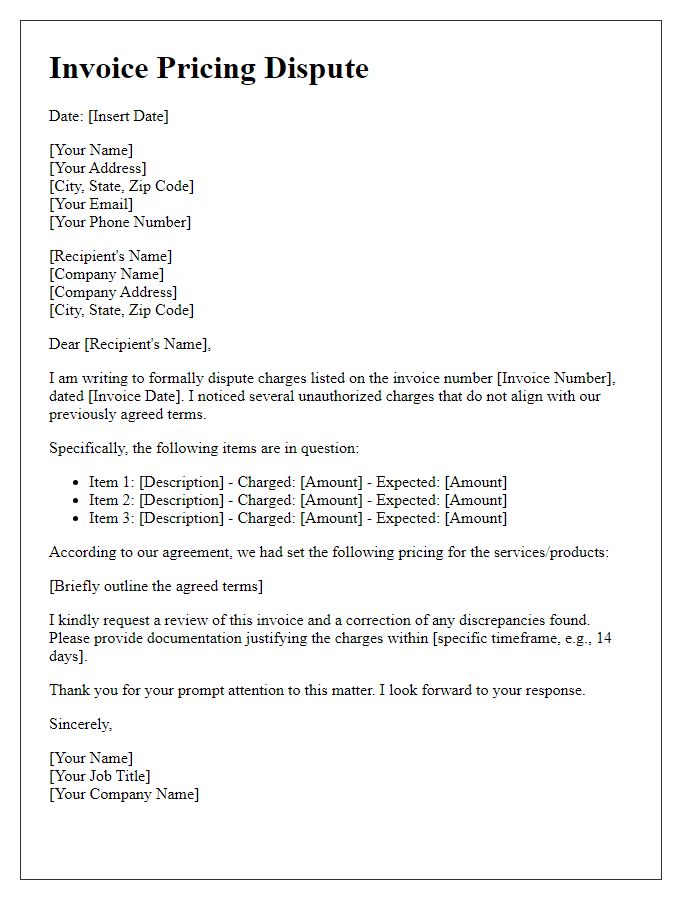 Letter template of invoice pricing dispute for unauthorized charges.