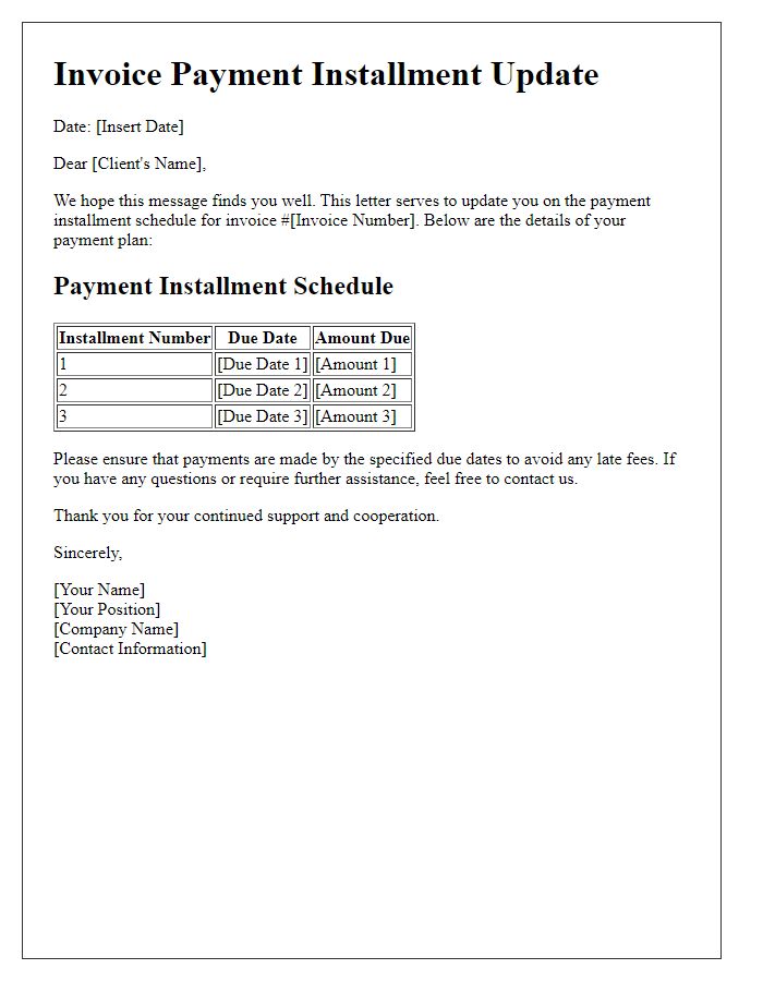 Letter template of invoice payment installment update