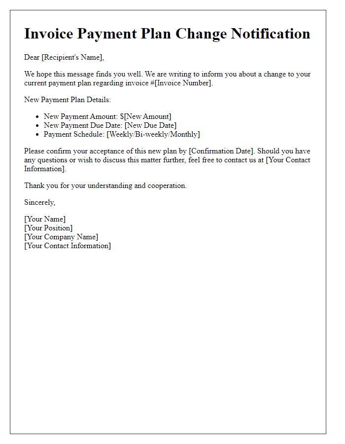 Letter template of invoice payment plan change