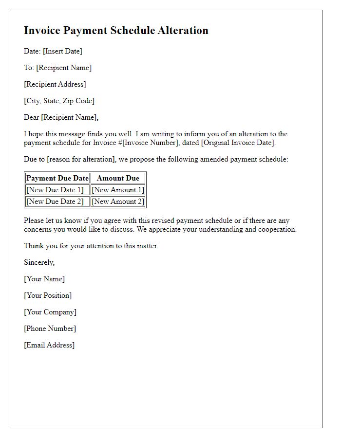 Letter template of invoice payment schedule alteration