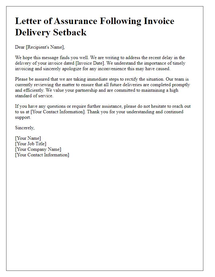 Letter template of assurance following invoice delivery setback