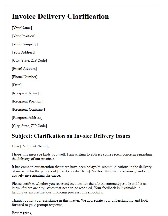 Letter template of clarification on invoice delivery issues