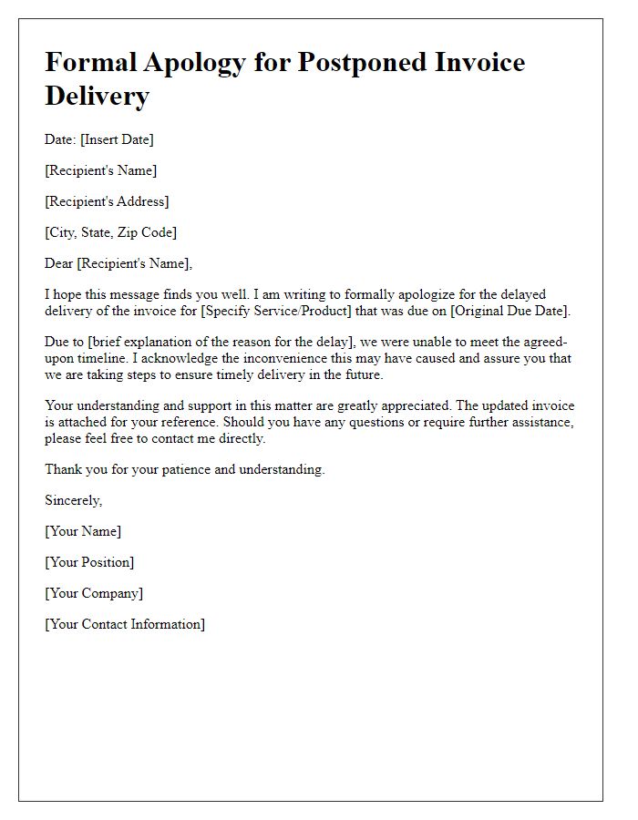 Letter template of formal apology for postponed invoice delivery