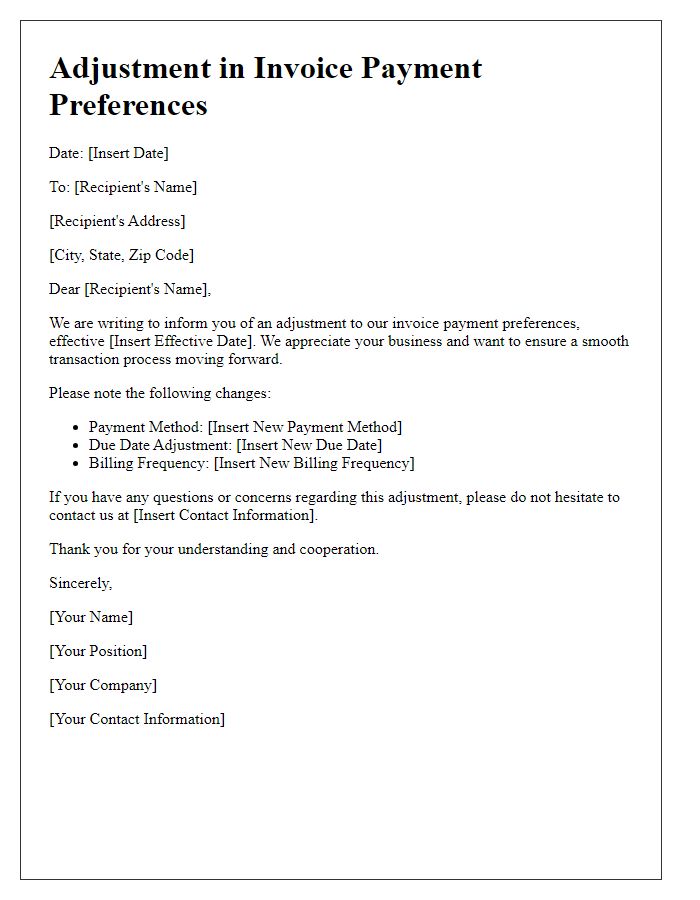 Letter template of Adjustment in Invoice Payment Preferences