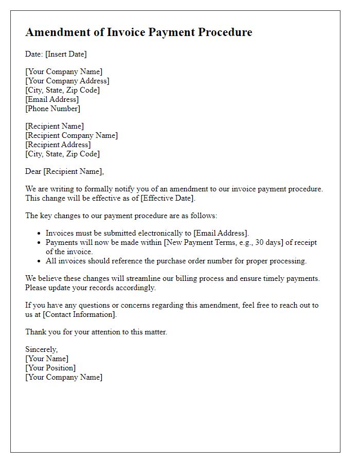 Letter template of Amendment of Invoice Payment Procedure