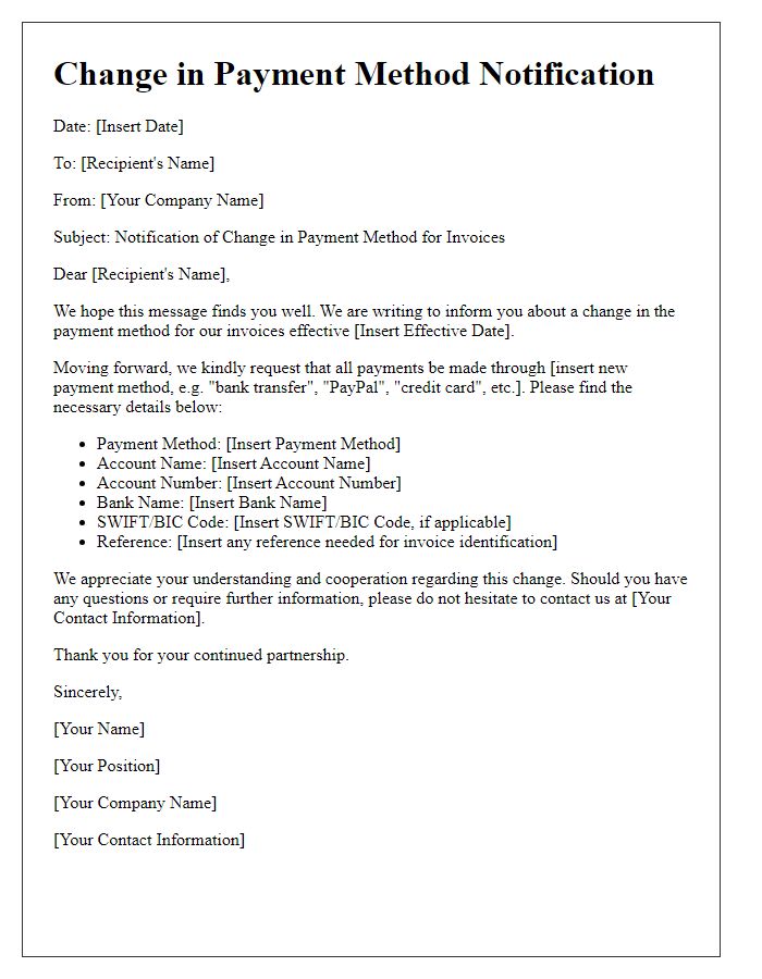 Letter template of Change in Payment Method Notification for Invoices