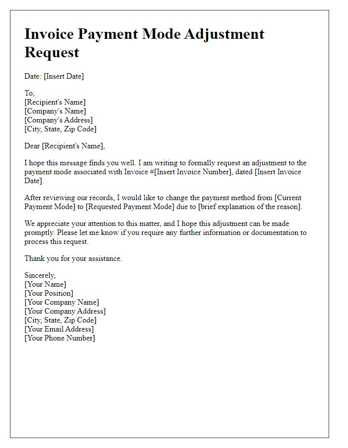 Letter template of Invoice Payment Mode Adjustment Request