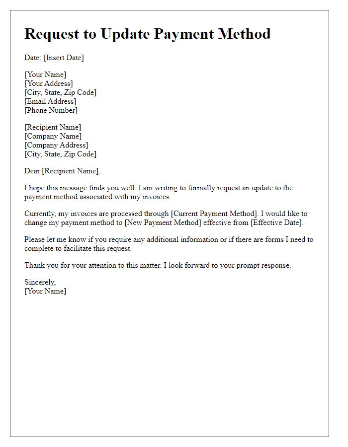 Letter template of Request to Update Payment Method for Invoices