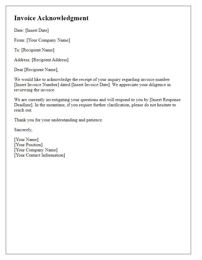 Letter template of acknowledgment for invoice questions