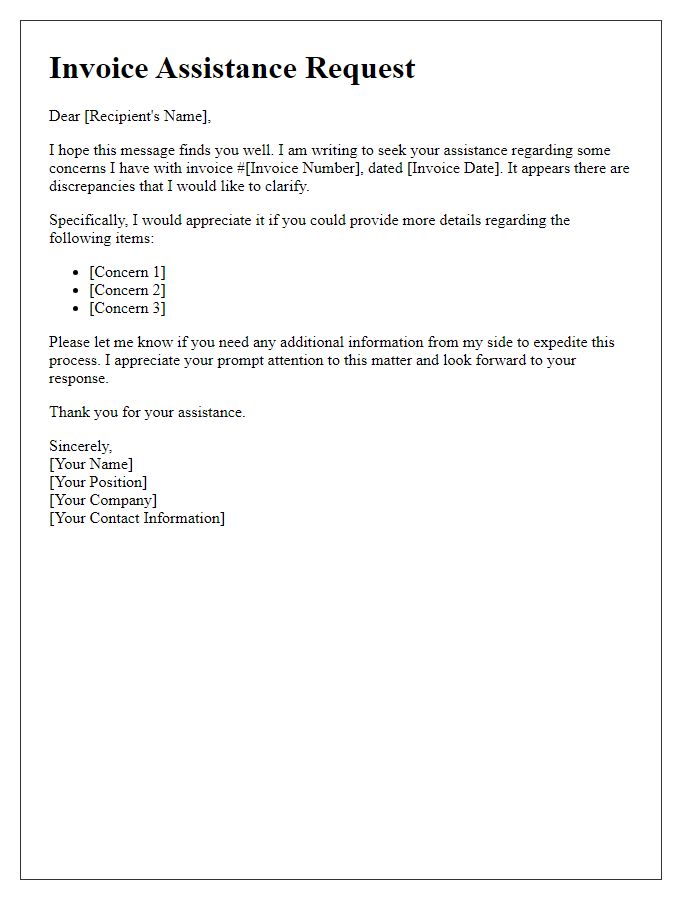 Letter template of assistance regarding invoice concerns