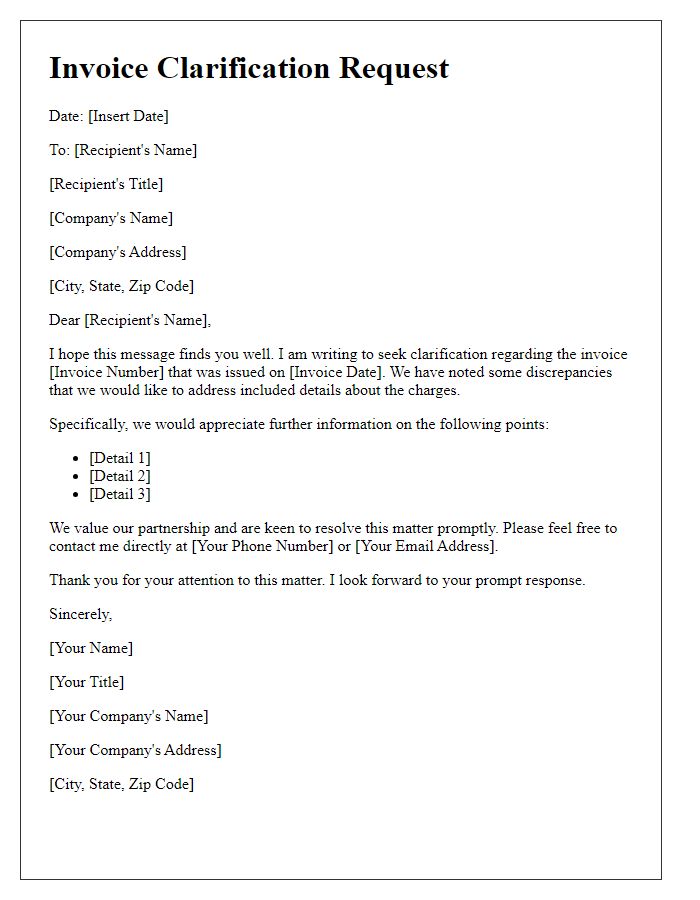 Letter template of clarification regarding invoice request