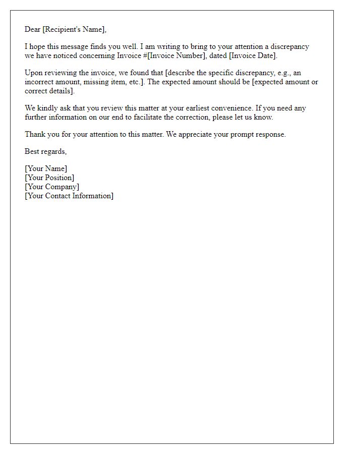 Letter template of feedback on invoice discrepancy