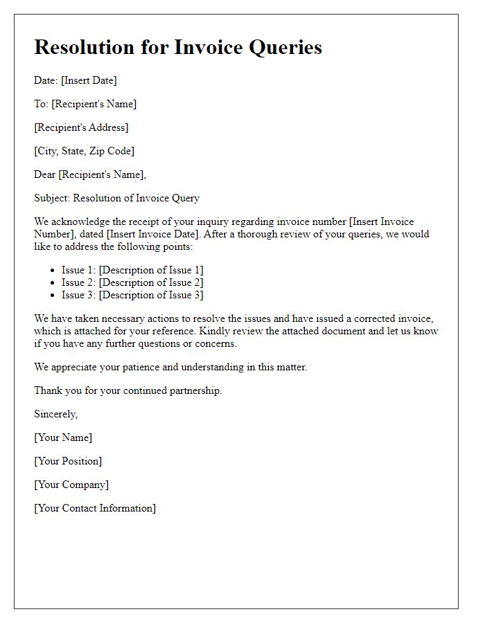 Letter template of resolution for invoice queries