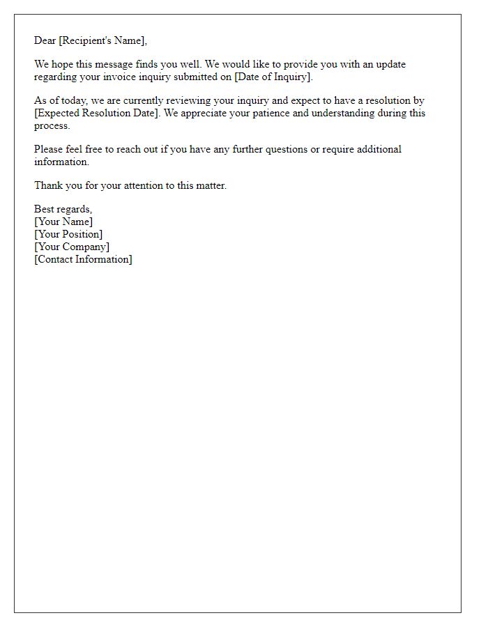 Letter template of update on invoice inquiry status