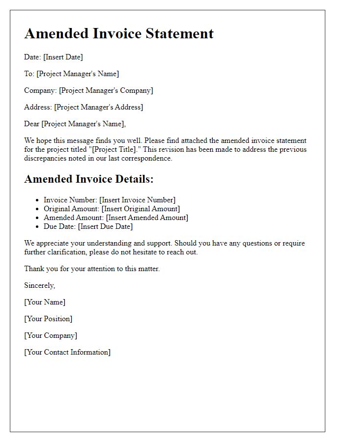 Letter template of amended invoice statement for project manager