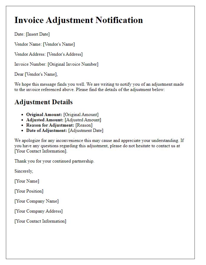 Letter template of invoice adjustment notification for vendor