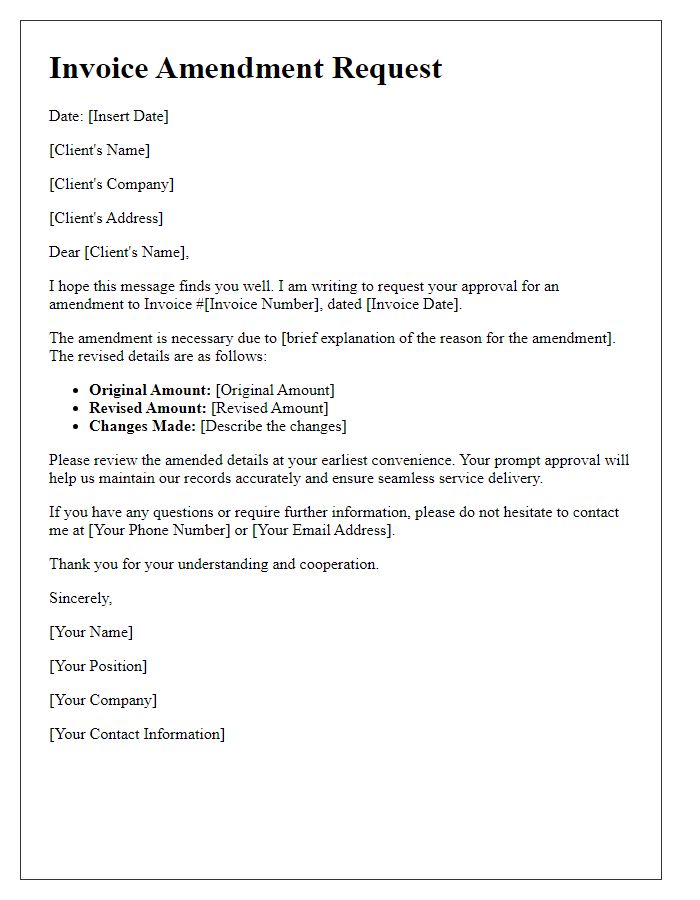 Letter template of invoice amendment request for client approval