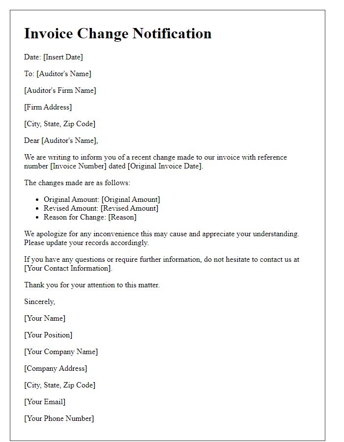 Letter template of invoice change notification for financial auditors