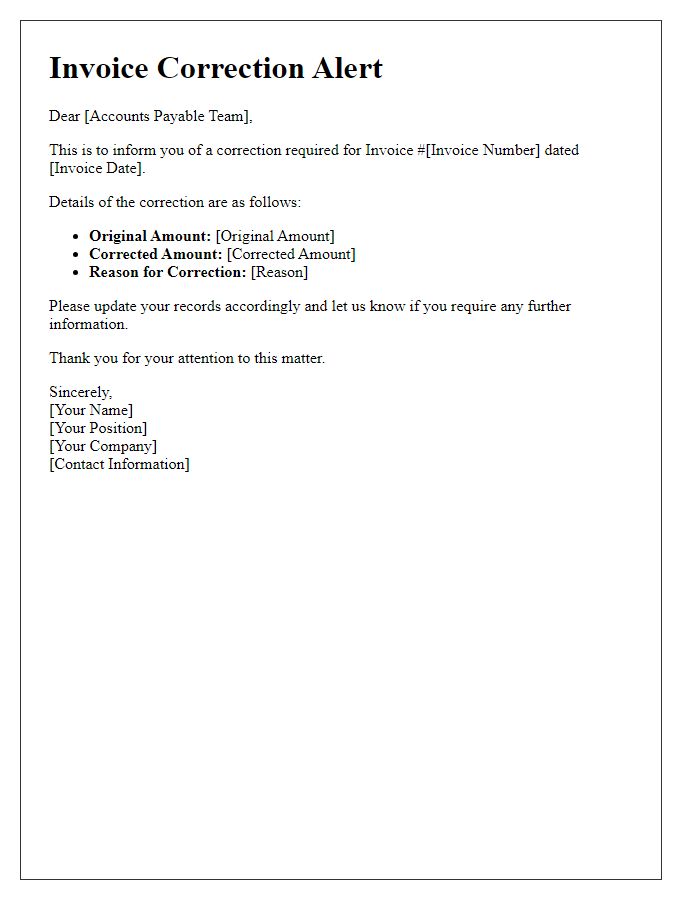 Letter template of invoice correction alert for accounts payable