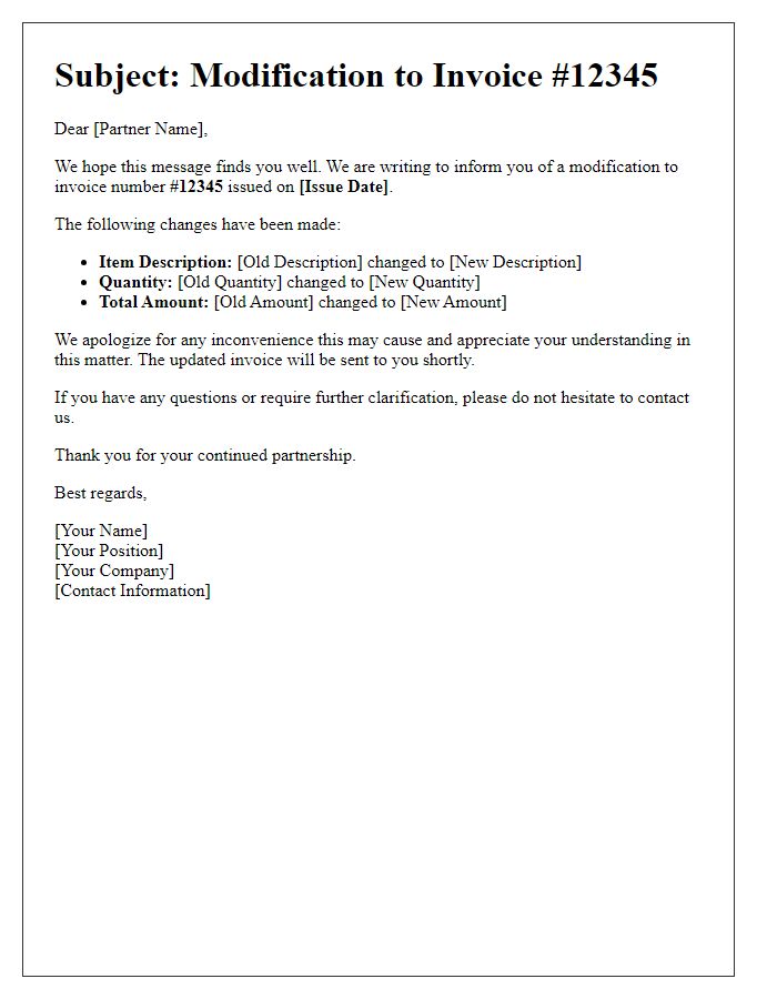 Letter template of invoice modification communication for partners