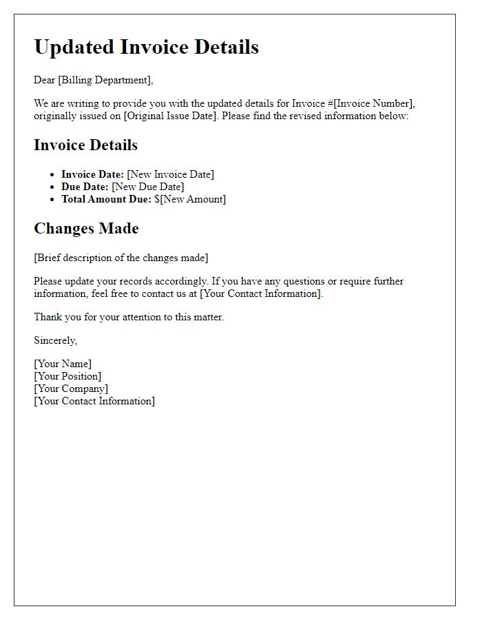 Letter template of updated invoice details for billing department