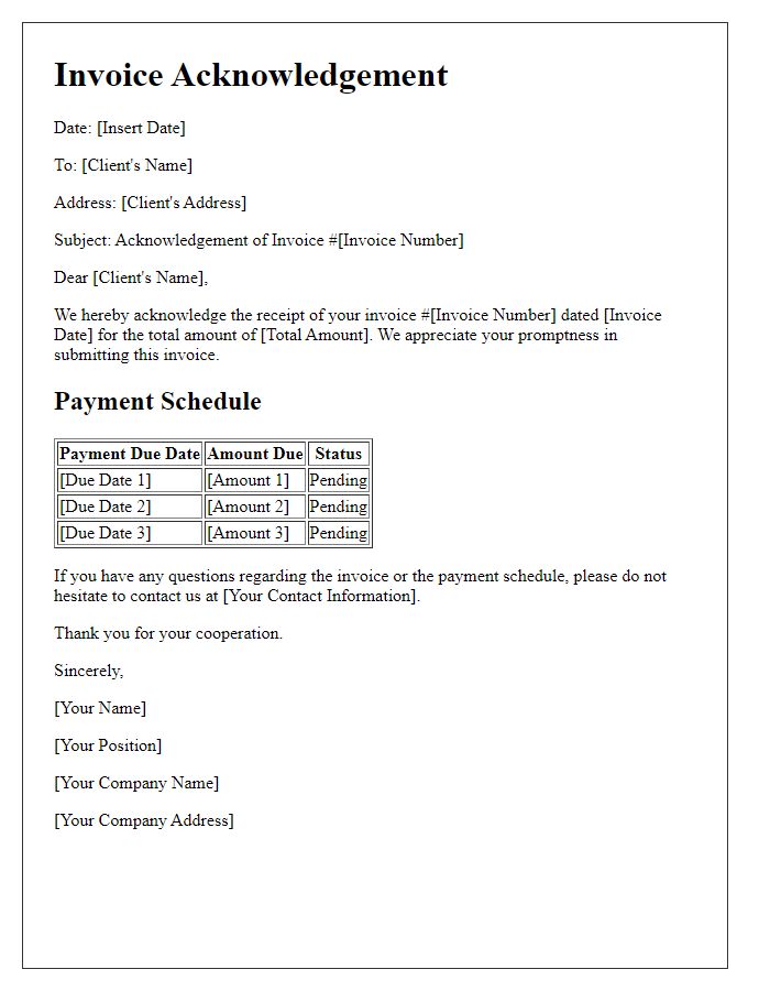 Letter template of invoice acknowledgement and payment schedule