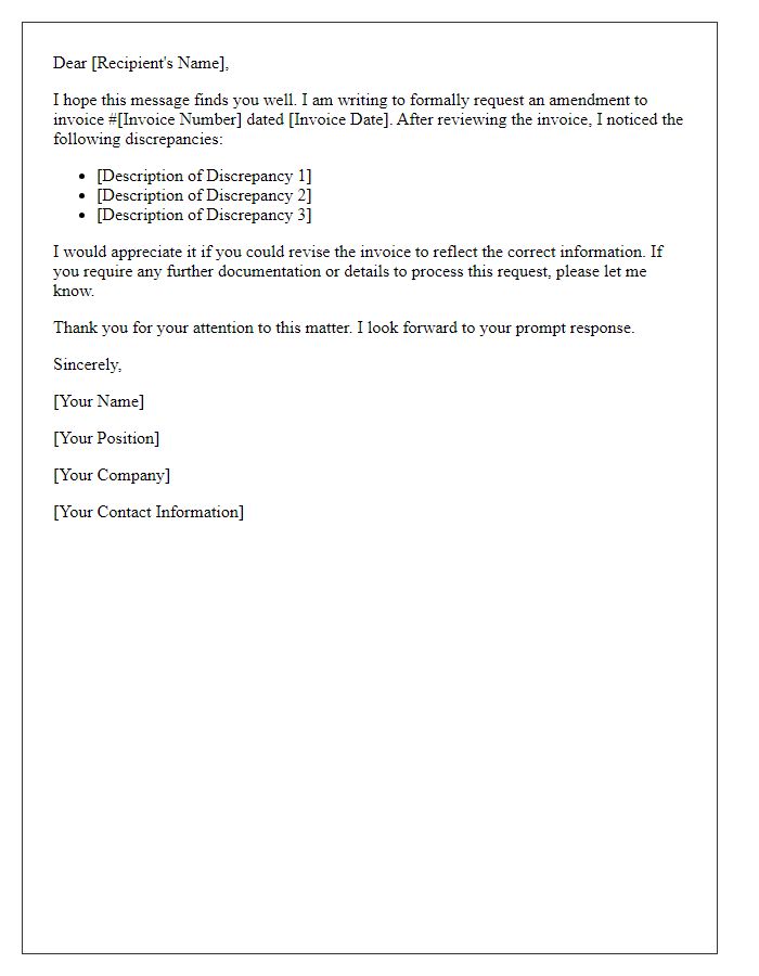 Letter template of invoice amendment request