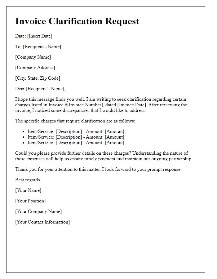 Letter template of invoice clarification needed for charges