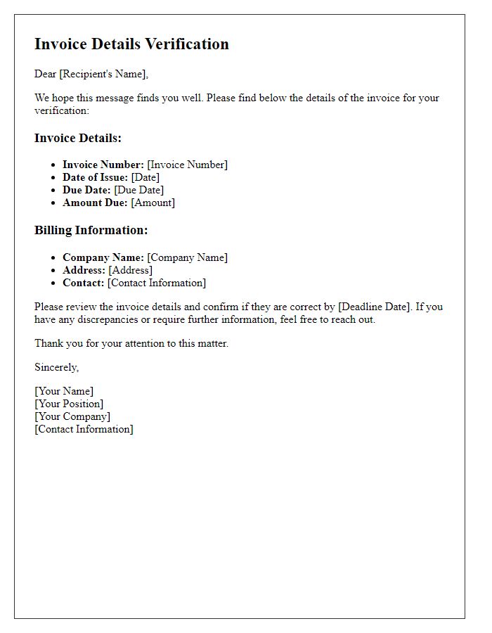 Letter template of invoice details verification