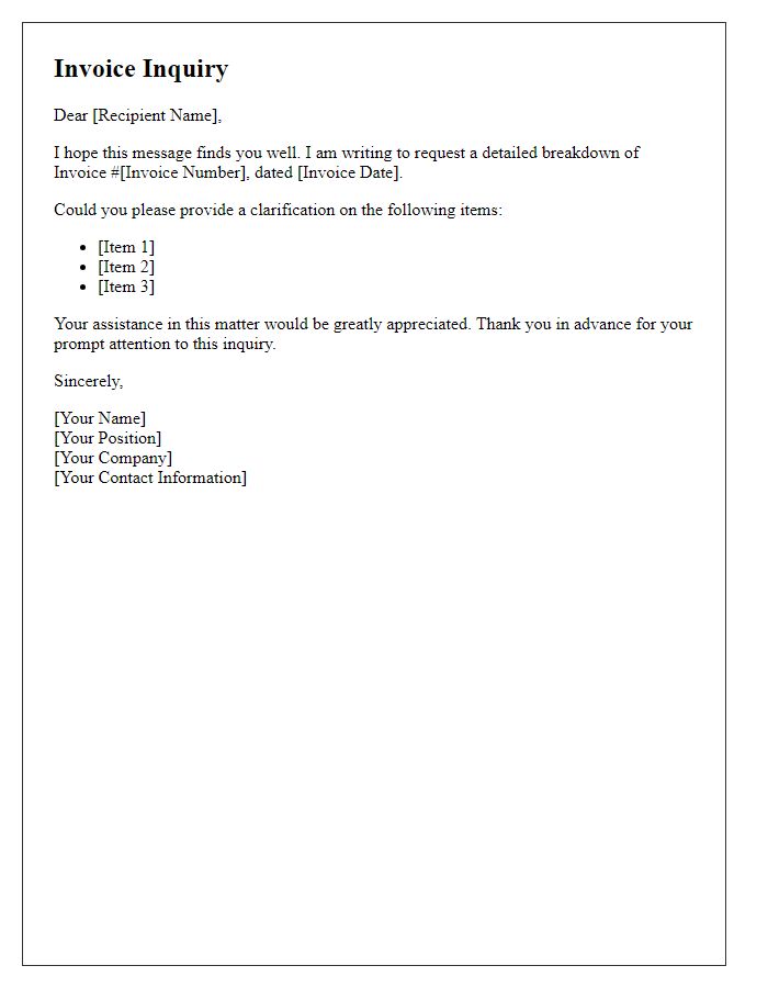 Letter template of invoice inquiry for detailed breakdown