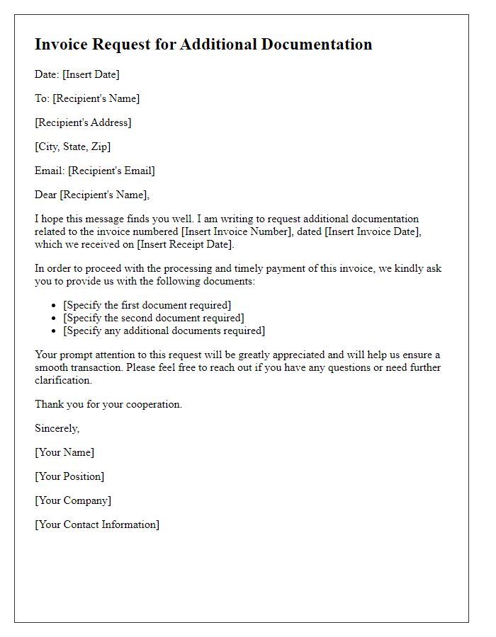 Letter template of invoice request for additional documentation