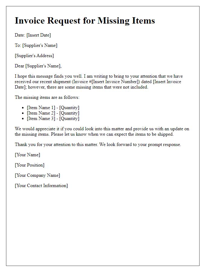 Letter template of invoice request for missing items