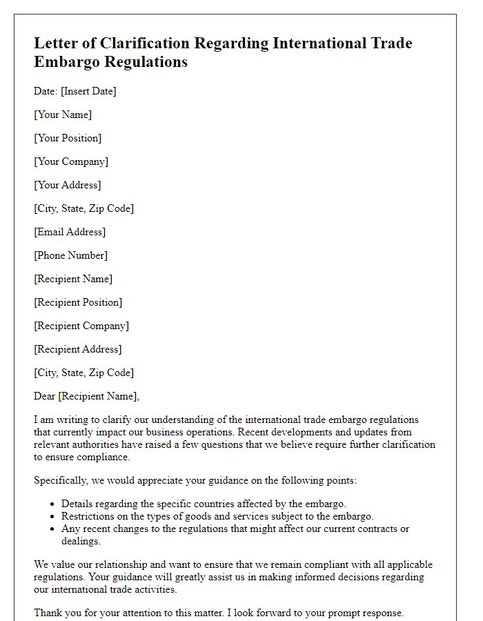 Letter template of clarification regarding international trade embargo regulations