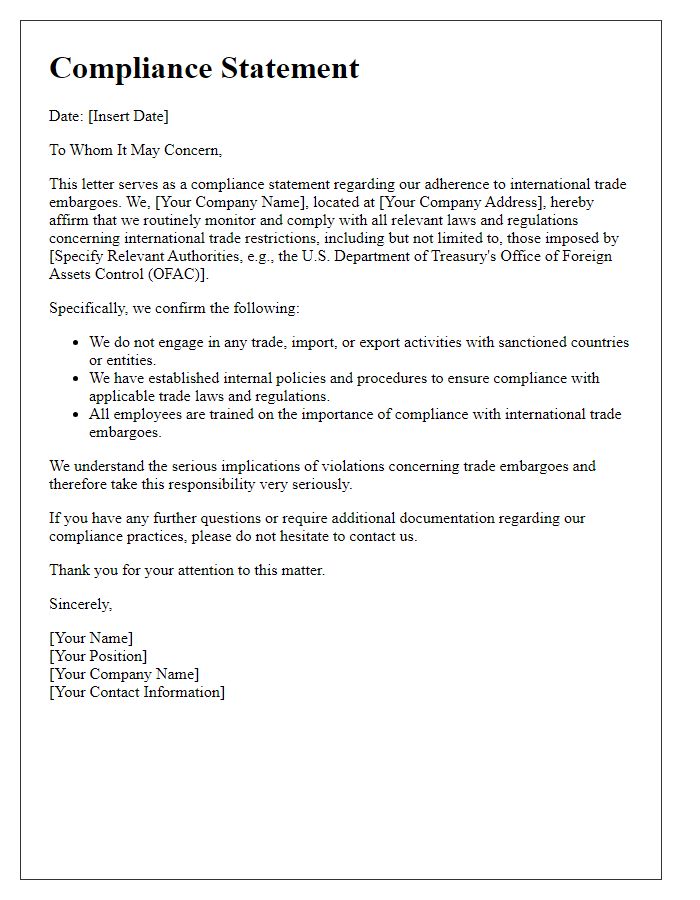 Letter template of compliance statement regarding international trade embargo