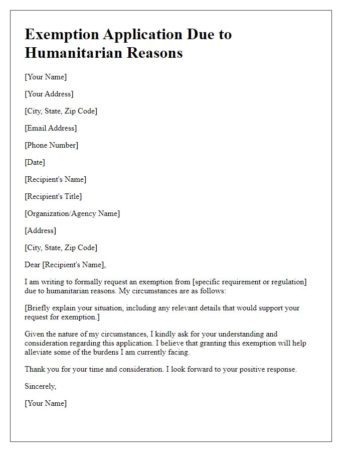 Letter template of exemption application due to humanitarian reasons