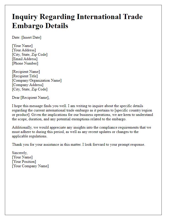 Letter template of inquiry about international trade embargo details