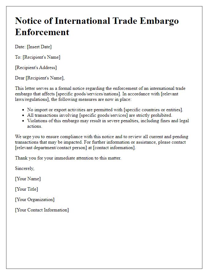 Letter template of notice for international trade embargo enforcement