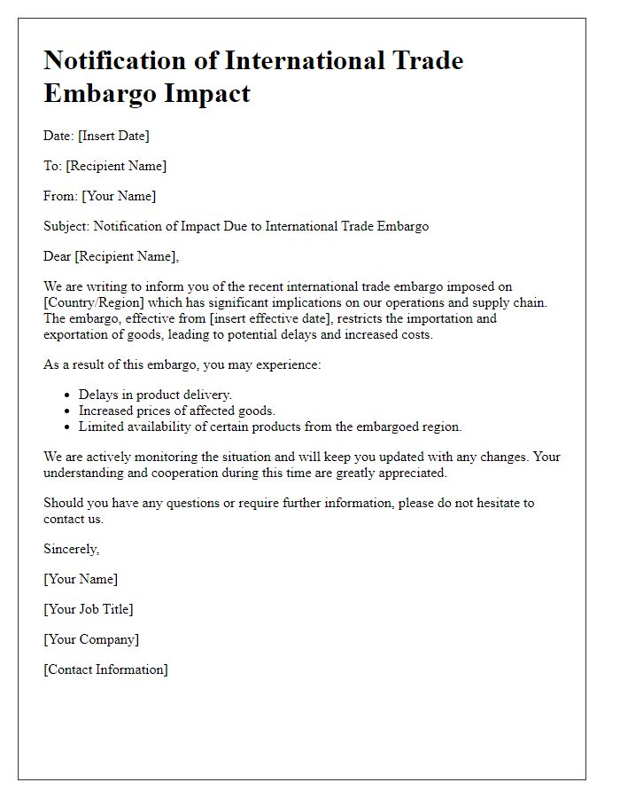 Letter template of notification on the impact of international trade embargo