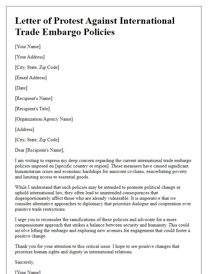 Letter template of protest against international trade embargo policies