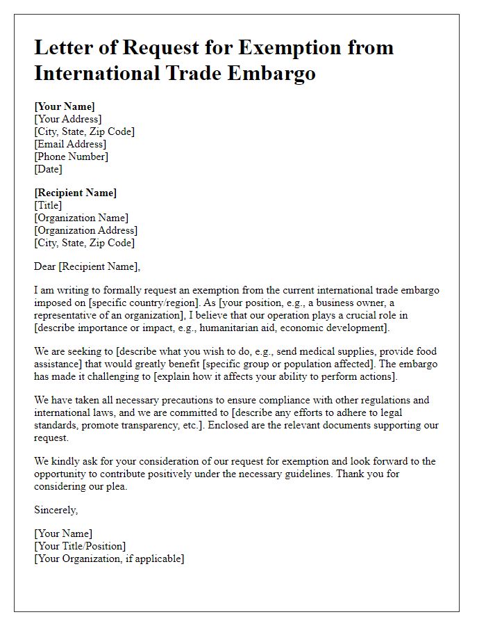 Letter template of request for exemption from international trade embargo