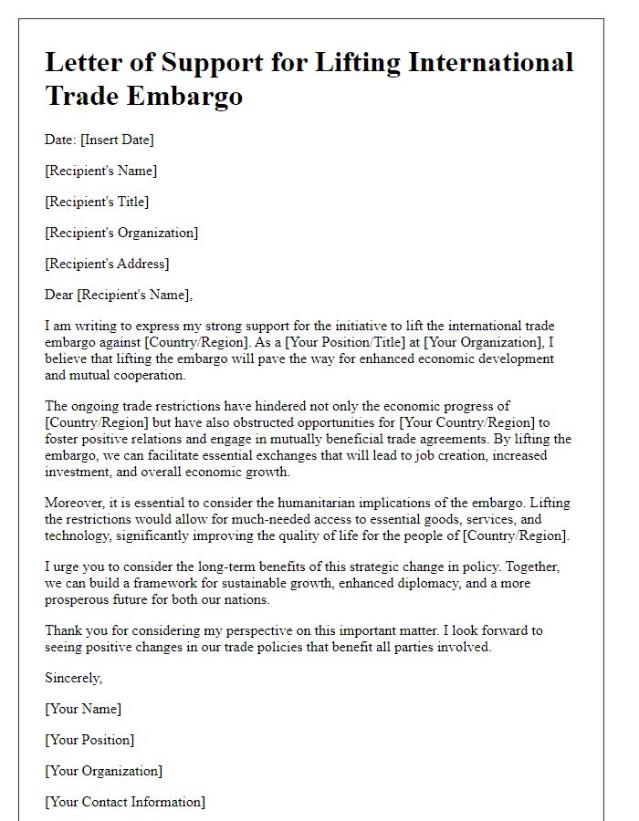 Letter template of support for lifting international trade embargo