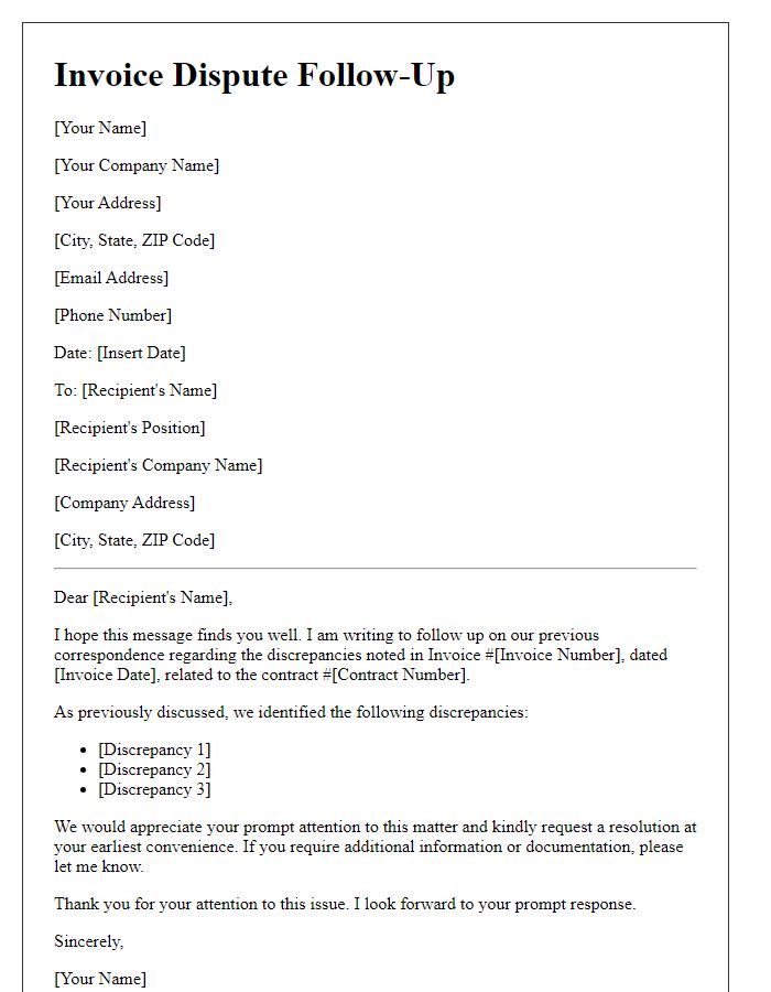 Letter template of invoice dispute follow-up for contract discrepancies.