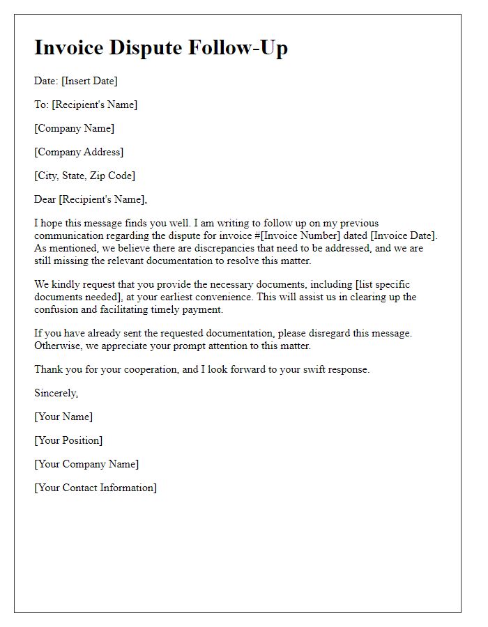 Letter template of invoice dispute follow-up for missing documentation.