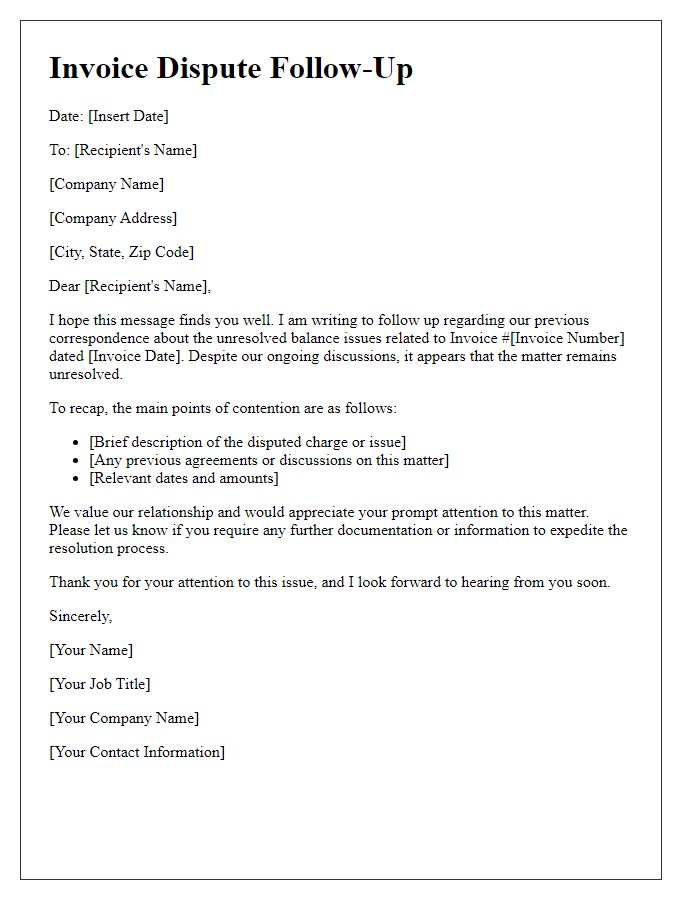 Letter template of invoice dispute follow-up for unresolved balance issues.