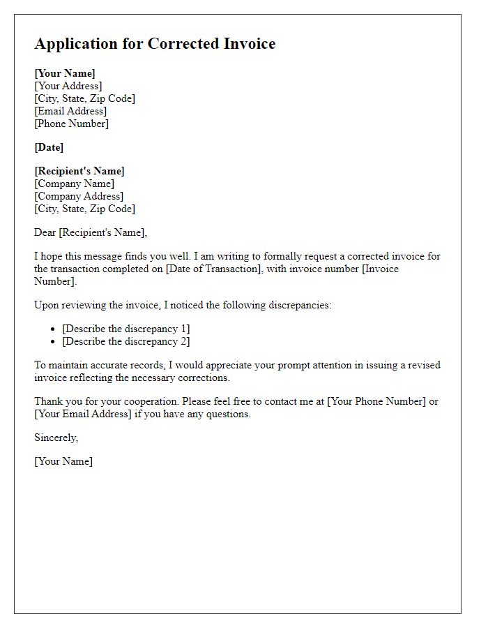 Letter template of Application for Corrected Invoice