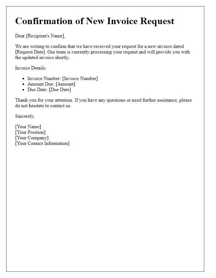 Letter template of Confirmation of New Invoice Request