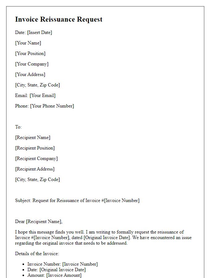 Letter template of Formal Invoice Reissuance Request