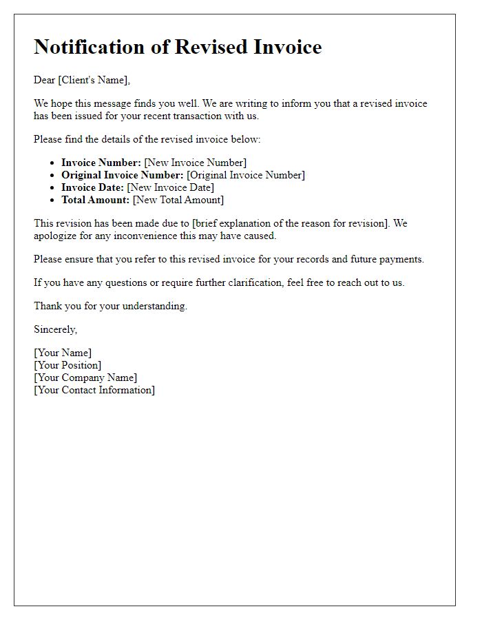 Letter template of Notification for Revised Invoice